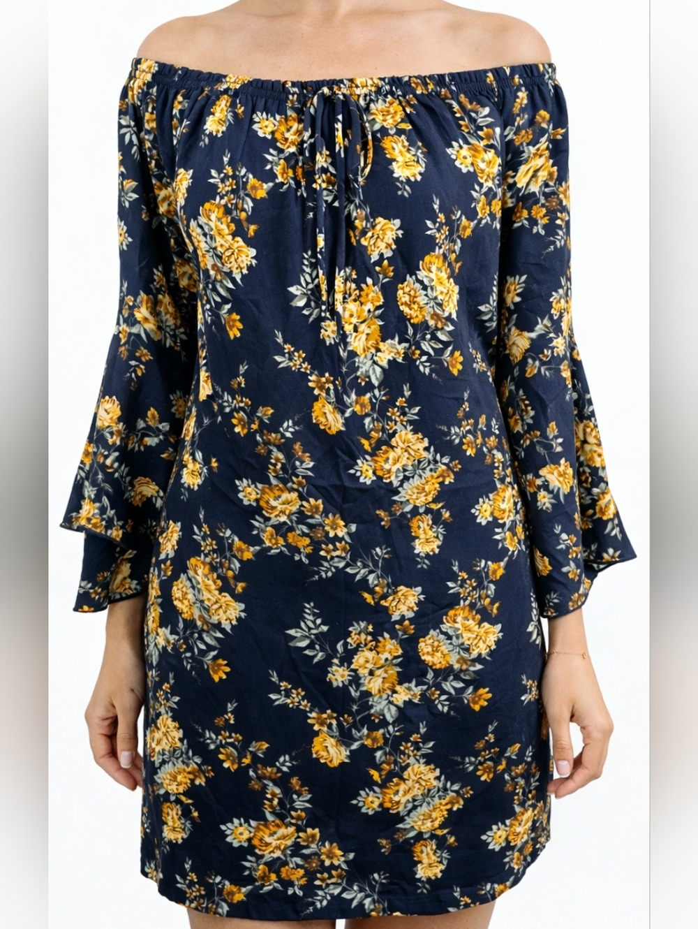 Floral Off Shoulder Dress Navy Yellow Boho Bell Sleeve Tunic Size Large
